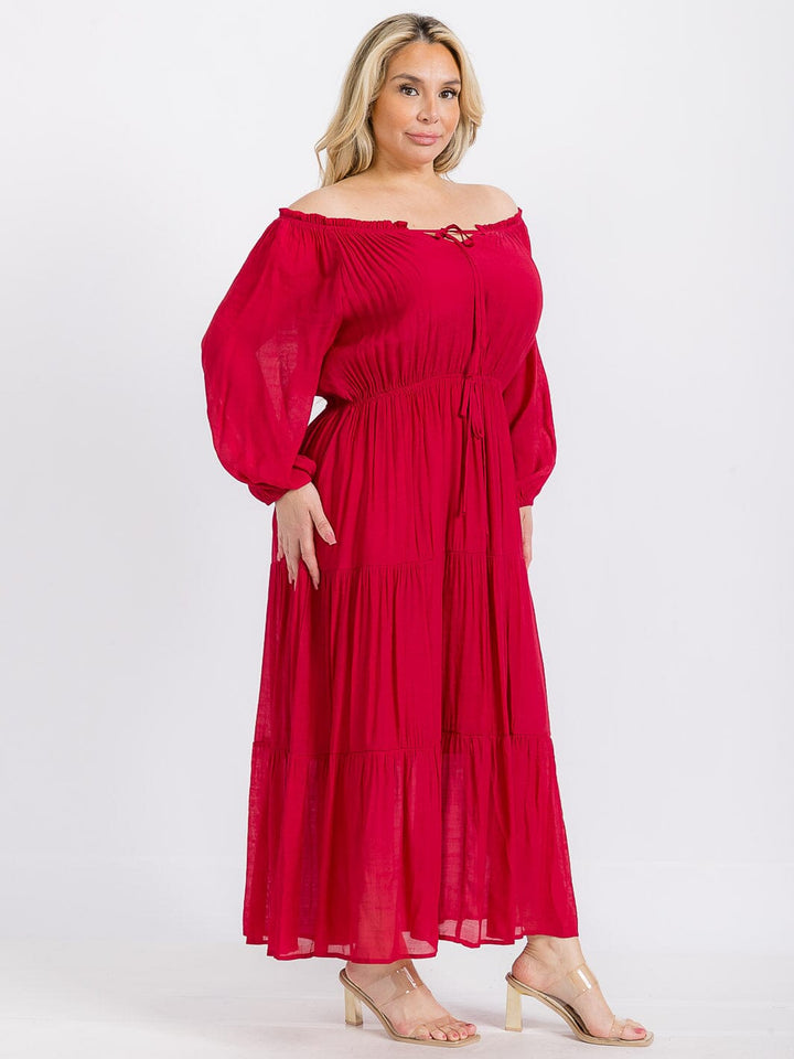 PLUS SIZE LONG SLEEVE ELASTIC WAIST TIERED MAXI DRESS