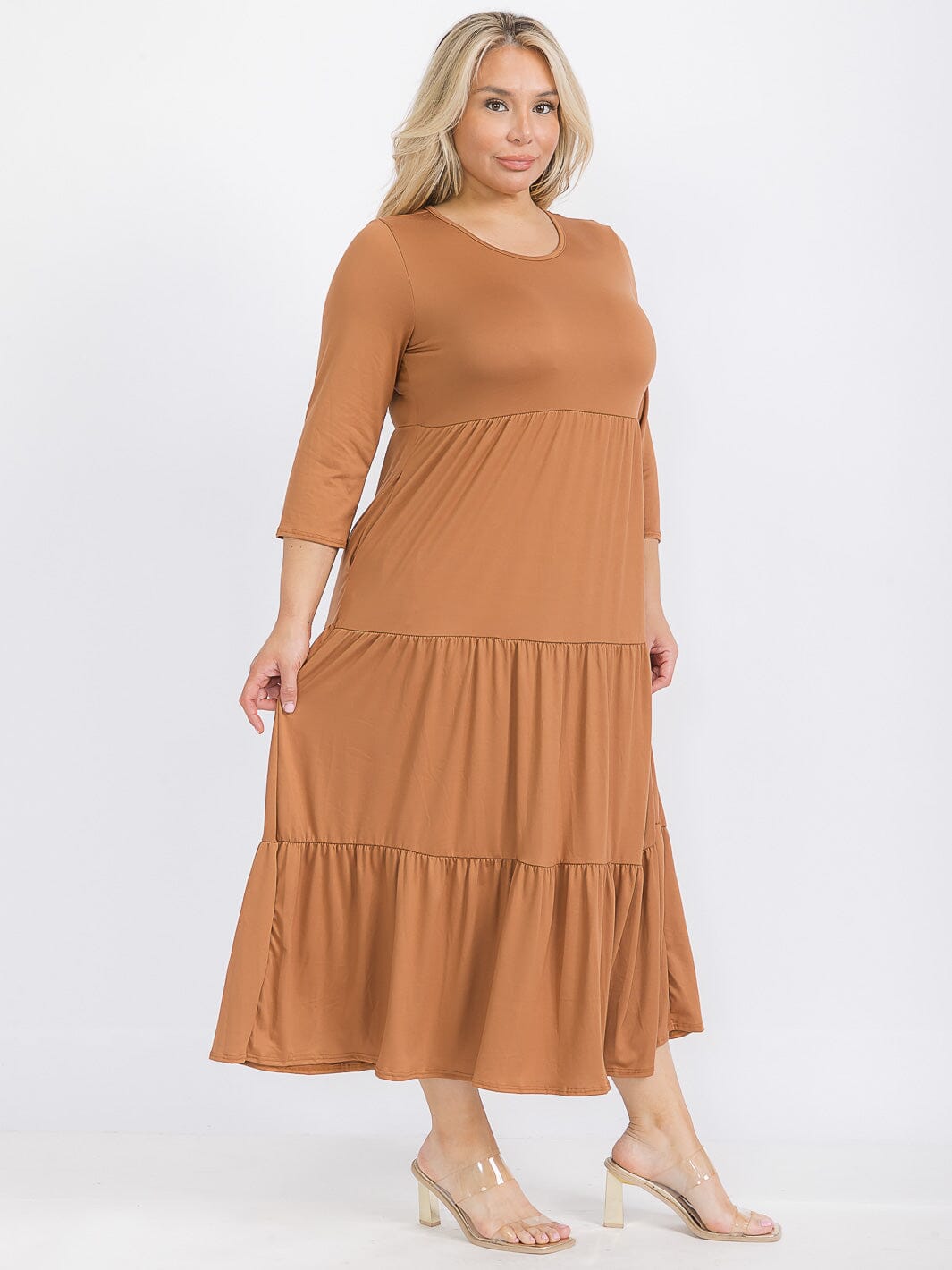 PLUS SIZE 3/4 SLEEVE FRONT POCKETS TIERED MAXI DRESS