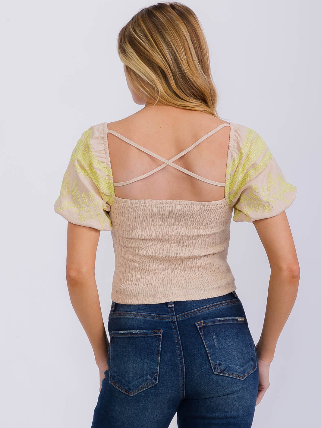 WOMEN'S SHORT PUFF SLEEVE SQUARE NECK SMOCK TOP