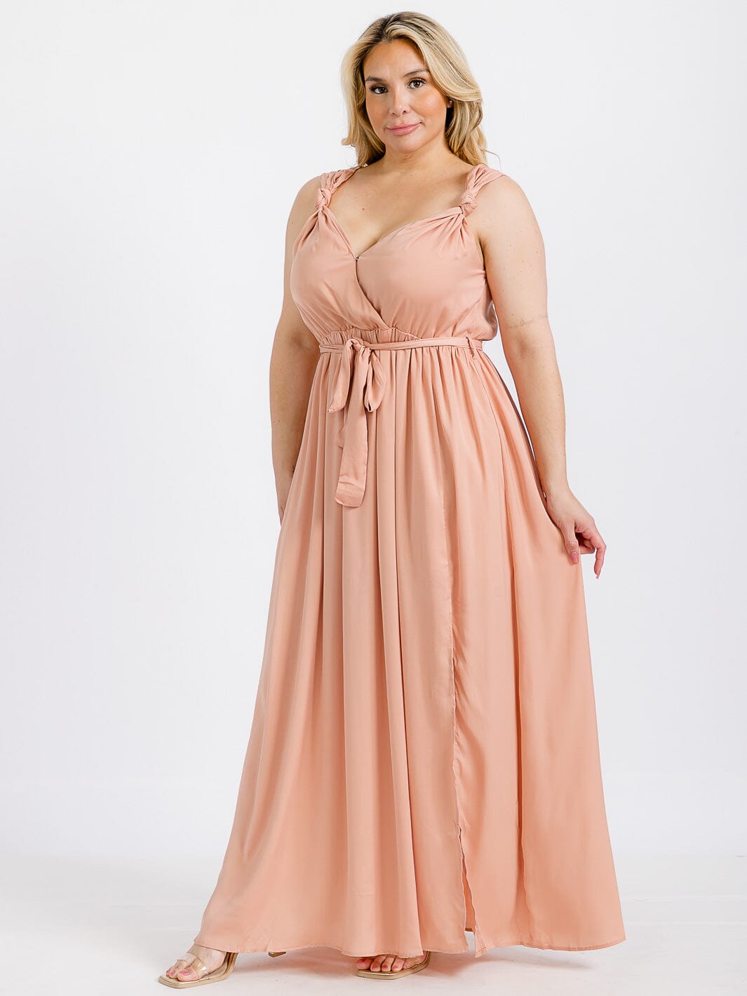 PLUS SIZE SLEEVELESS SURPLICE SELF TIE SLIT MAXI DRESS