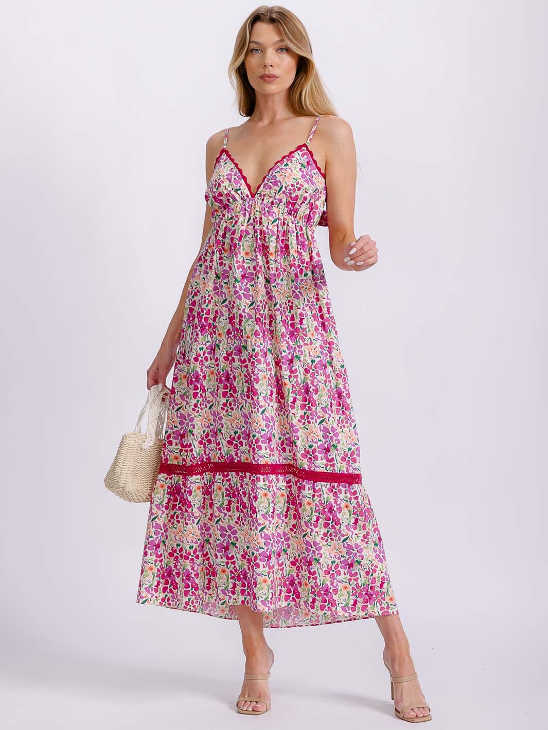 WOMEN'S SLEEVELESS V-NECK ELASTIC WAIST TIERED OPEN BACK FLORAL MAXI DRESS