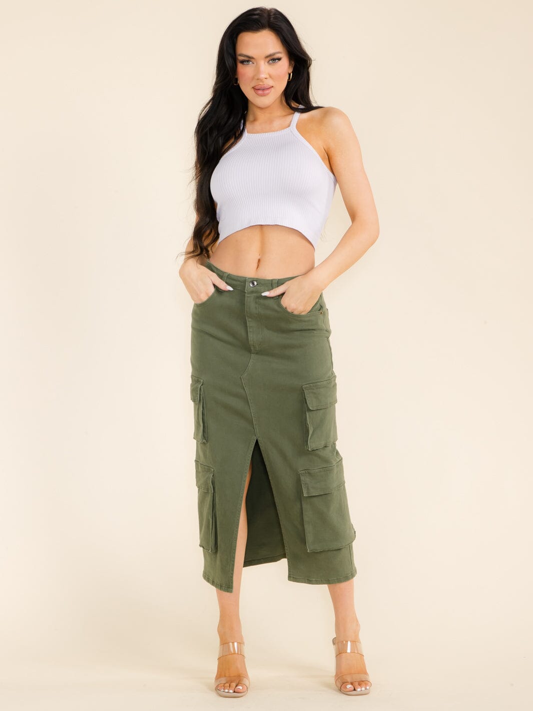 WOMEN'S BUTTON CLOSURE FRONT SLIT CARGO POCKETS DENIM MIDI SKIRT