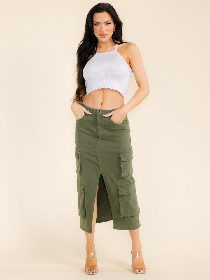 WOMEN'S BUTTON CLOSURE FRONT SLIT CARGO POCKETS DENIM MIDI SKIRT