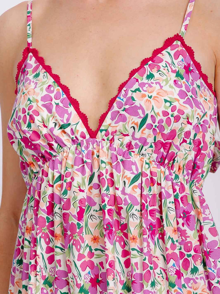 WOMEN'S SLEEVELESS V-NECK ELASTIC WAIST TIERED OPEN BACK FLORAL MAXI DRESS