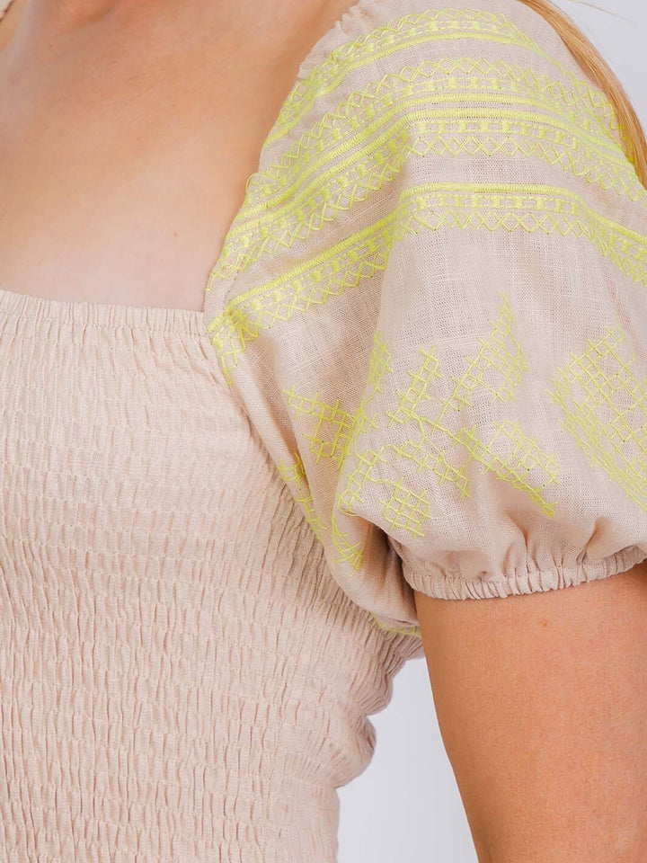 WOMEN'S SHORT PUFF SLEEVE SQUARE NECK SMOCK TOP