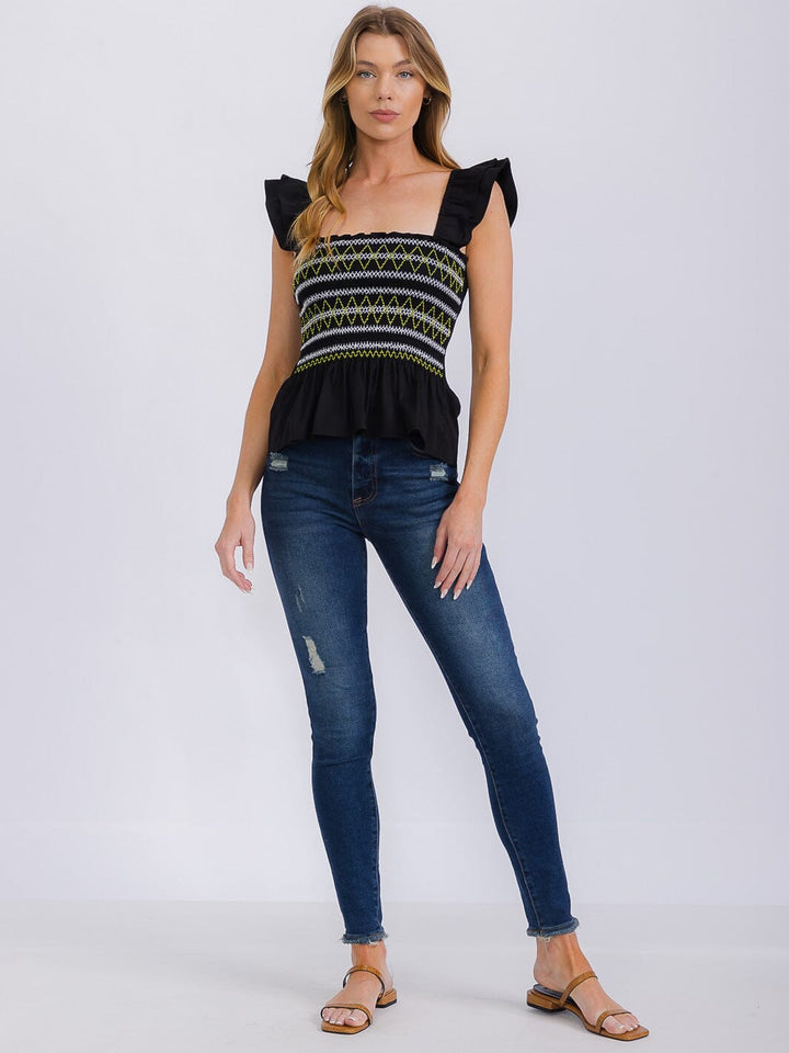 WOMEN'S SLEEVELESS SQUARE NECK SMOCK PEPLUM TANK TOP