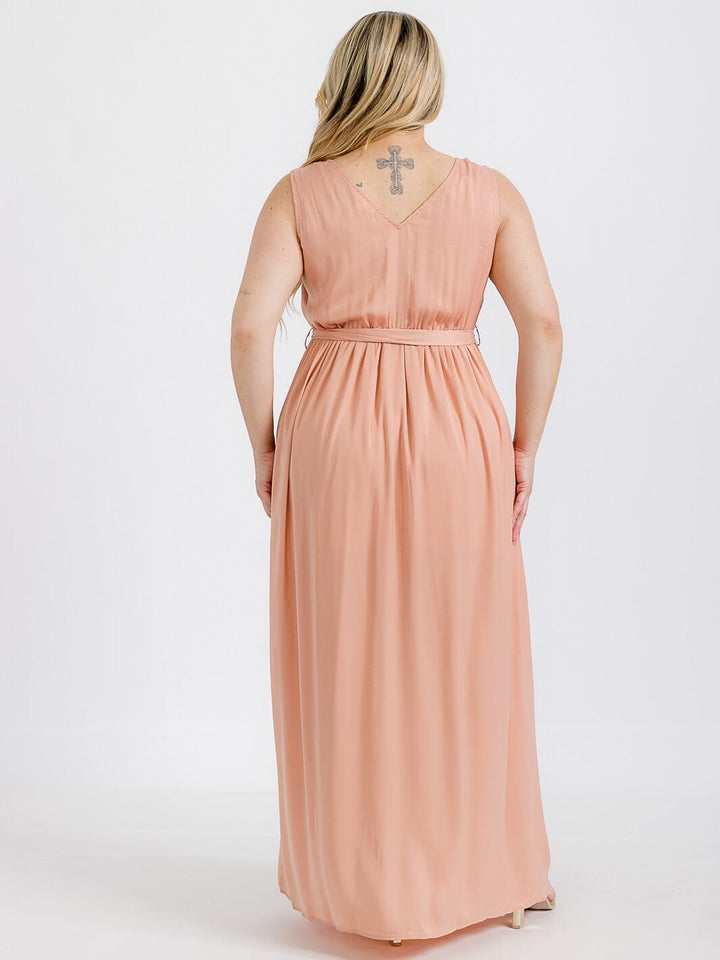 PLUS SIZE SLEEVELESS SURPLICE SELF TIE SLIT MAXI DRESS