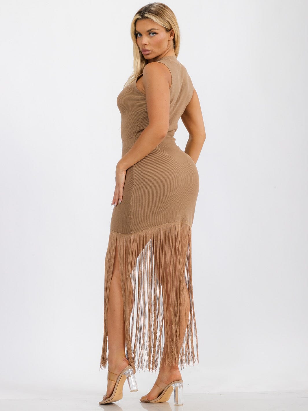 WOMENS' SLEEVELESS BODYCON FRINGE MINI DRESS