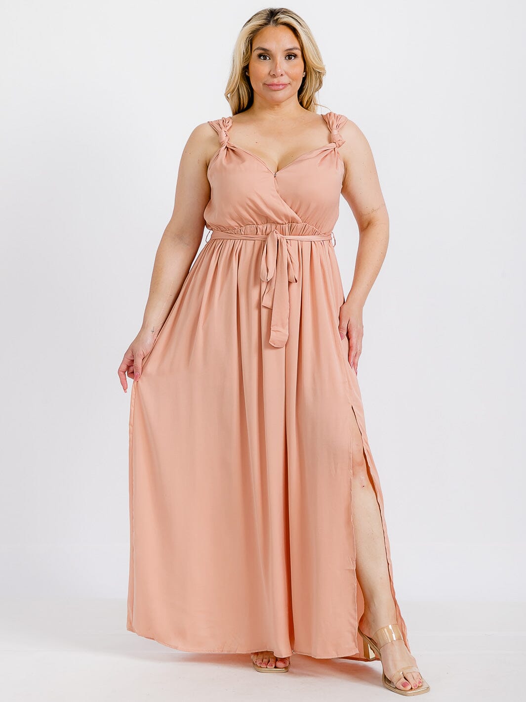 PLUS SIZE SLEEVELESS SURPLICE SELF TIE SLIT MAXI DRESS
