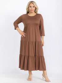 PLUS SIZE 3/4 SLEEVE FRONT POCKETS TIERED MAXI DRESS