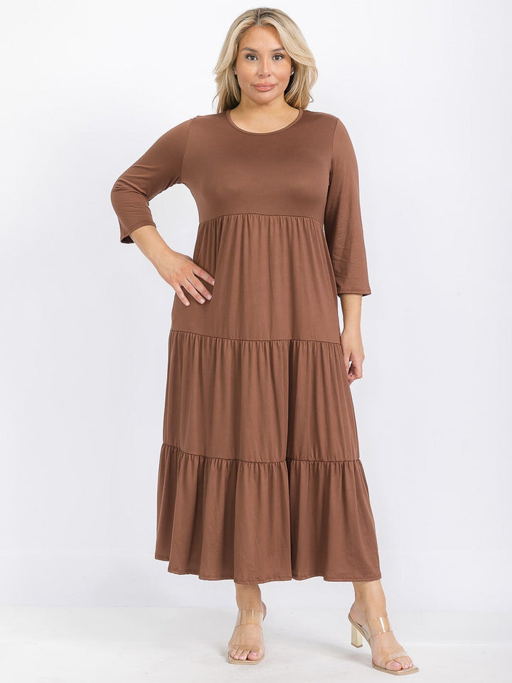 PLUS SIZE 3/4 SLEEVE FRONT POCKETS TIERED MAXI DRESS