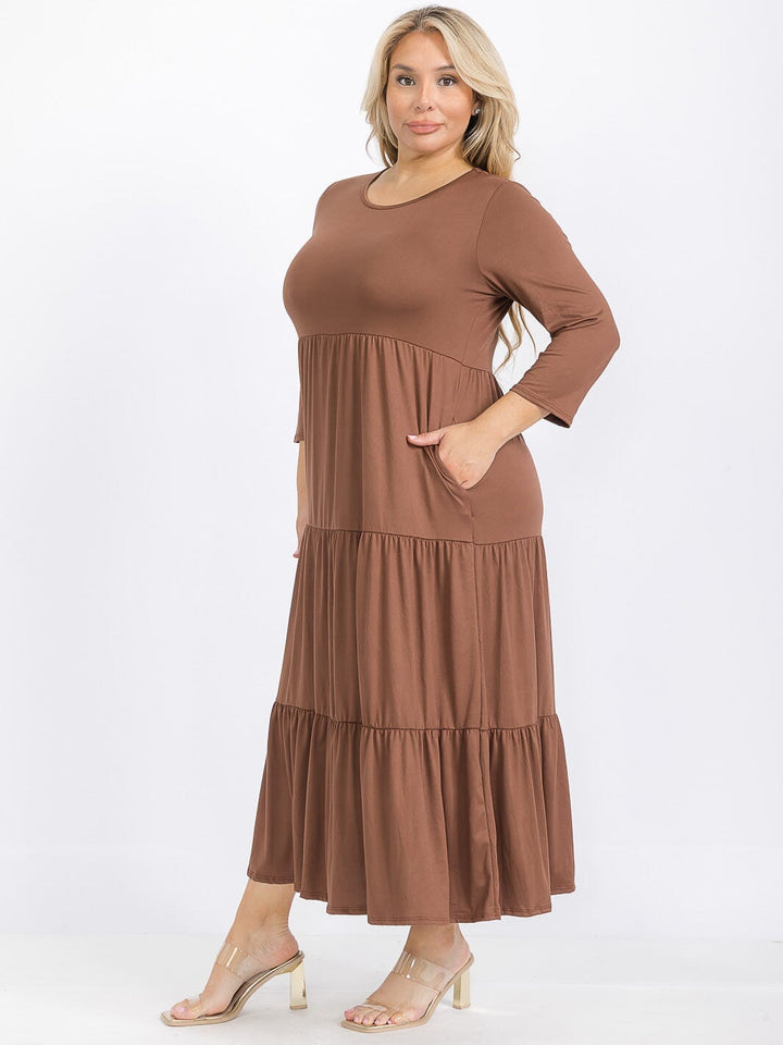 PLUS SIZE 3/4 SLEEVE FRONT POCKETS TIERED MAXI DRESS