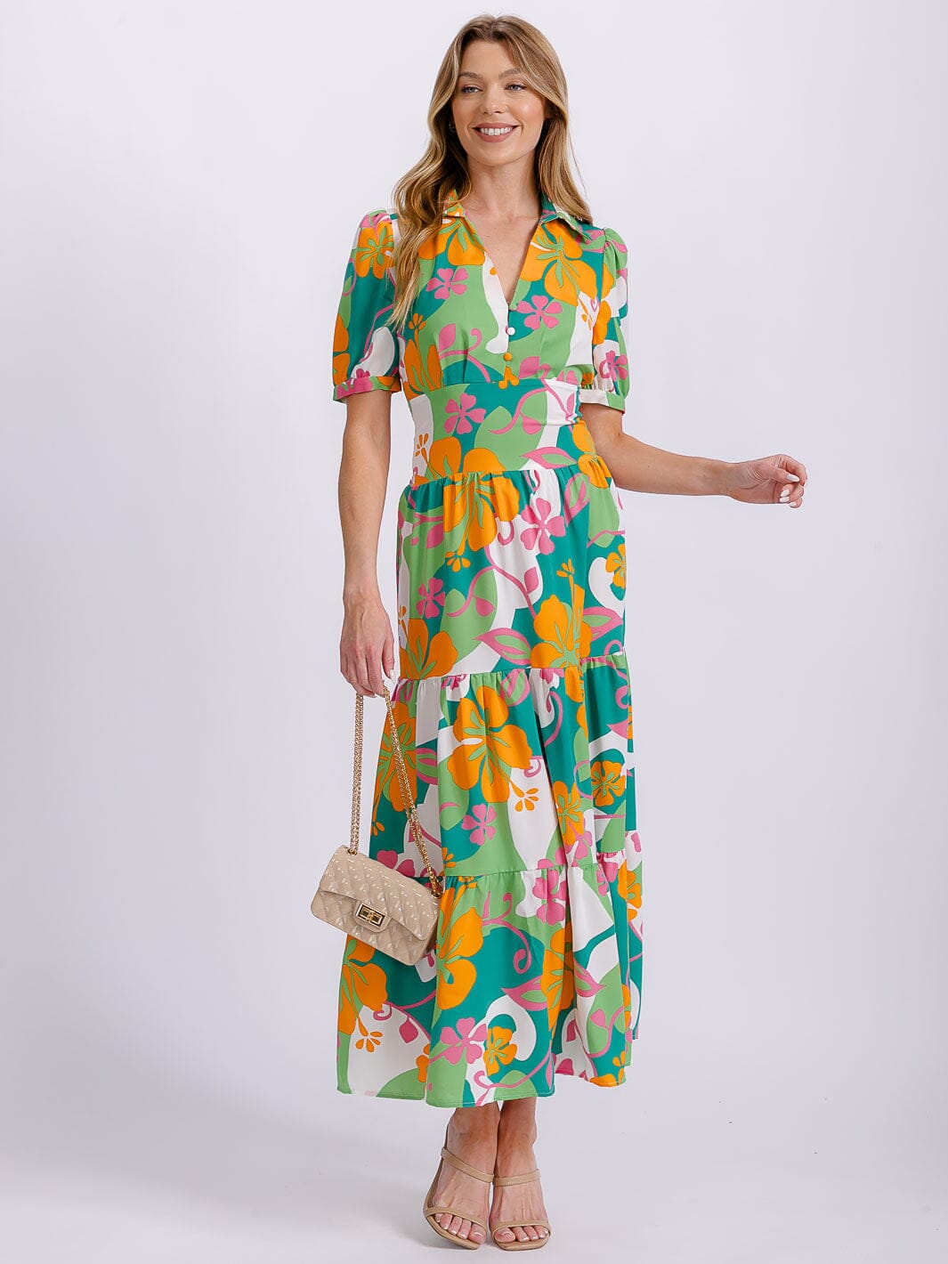 WOMEN'S SHORT SLEEVE BUTTON UP SMOCK WAIST MULTI PRINT MAXI DRESS