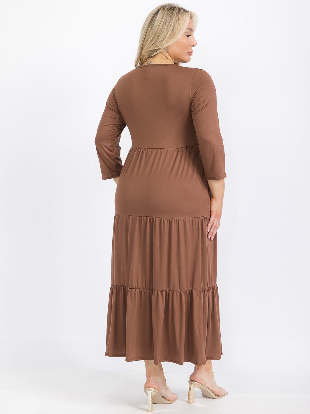 PLUS SIZE 3/4 SLEEVE FRONT POCKETS TIERED MAXI DRESS