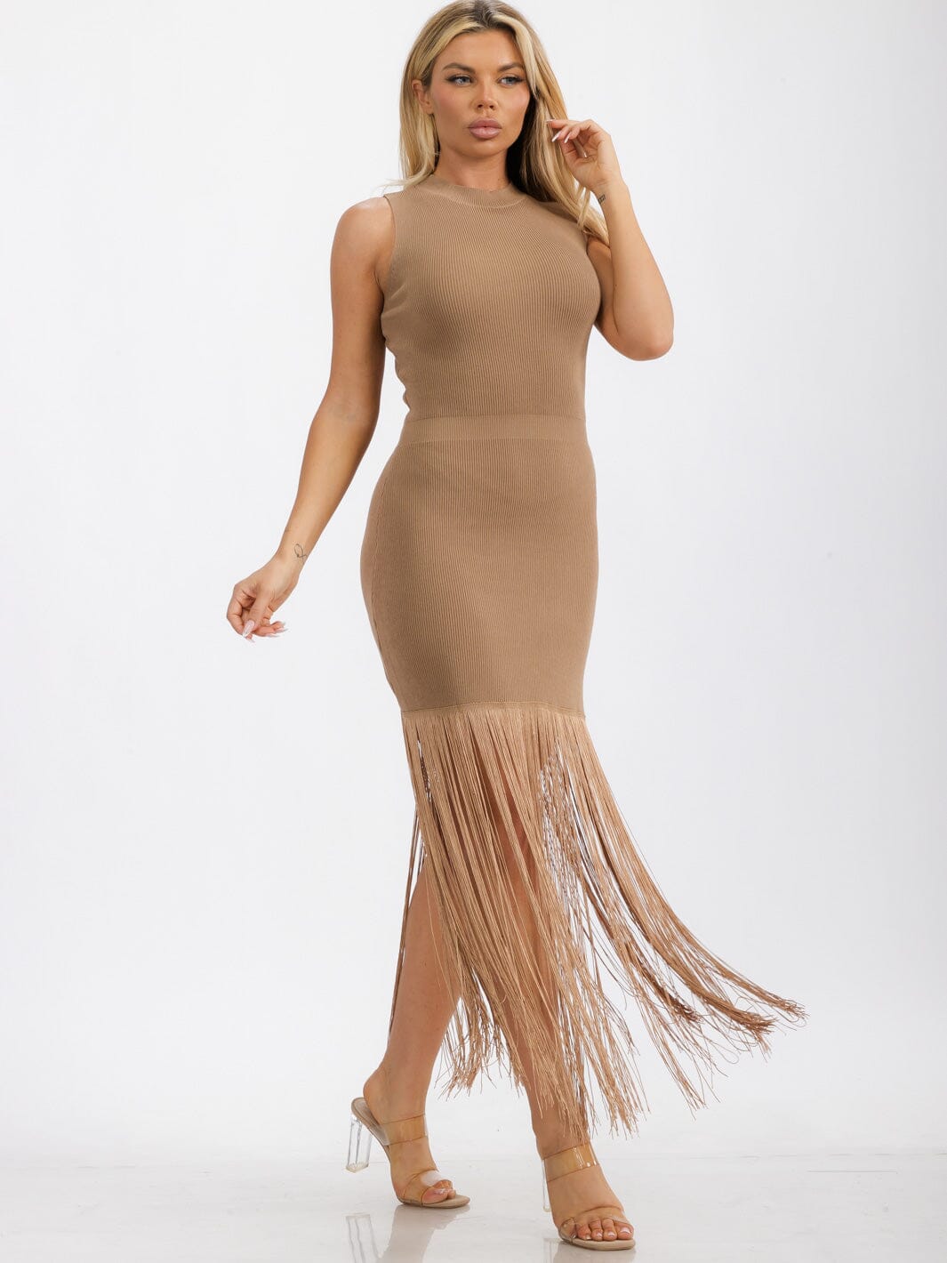 WOMENS' SLEEVELESS BODYCON FRINGE MINI DRESS
