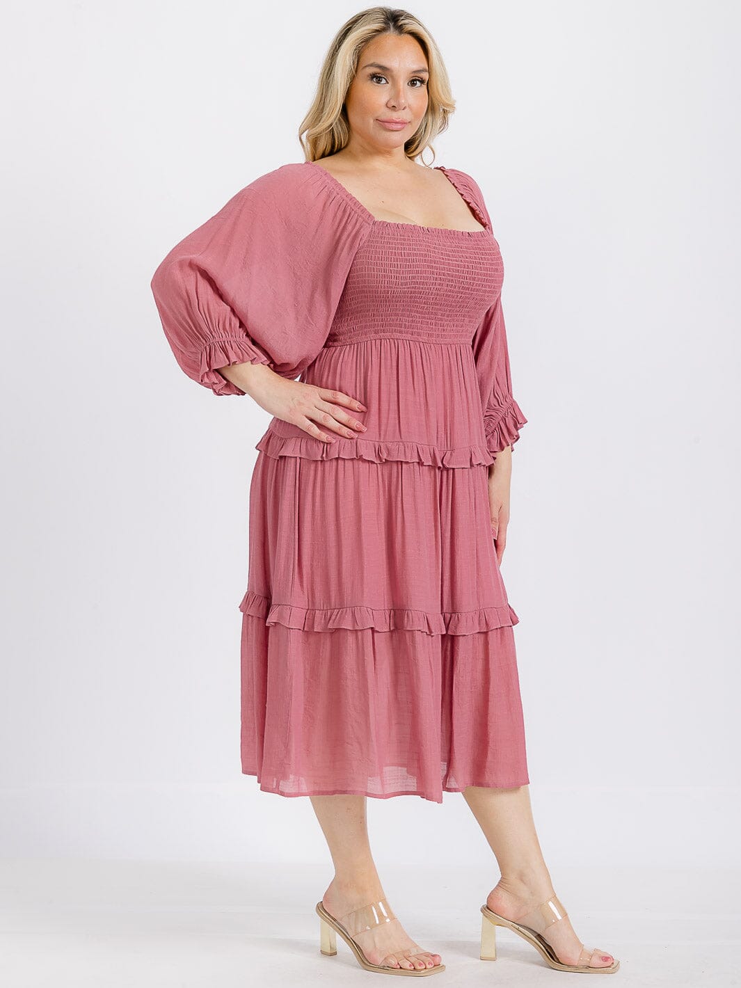PLUS SIZE LONG SLEEVE SMOCK RUFFLE TIERED MIDI DRESS