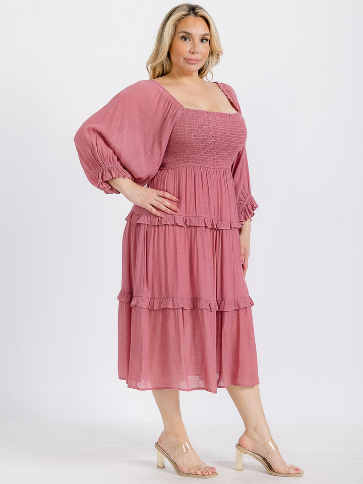 PLUS SIZE LONG SLEEVE SMOCK RUFFLE TIERED MIDI DRESS