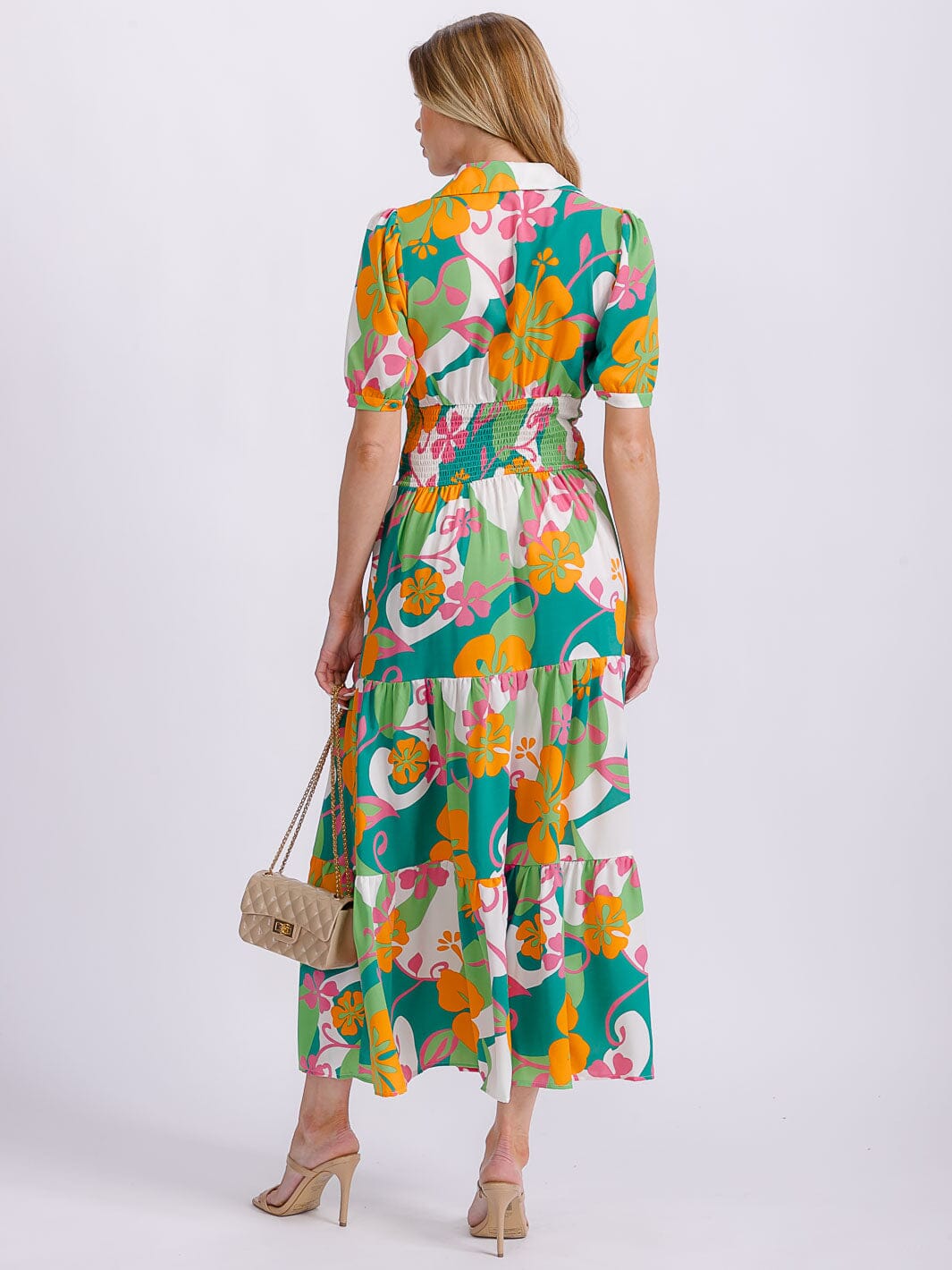 WOMEN'S SHORT SLEEVE BUTTON UP SMOCK WAIST MULTI PRINT MAXI DRESS