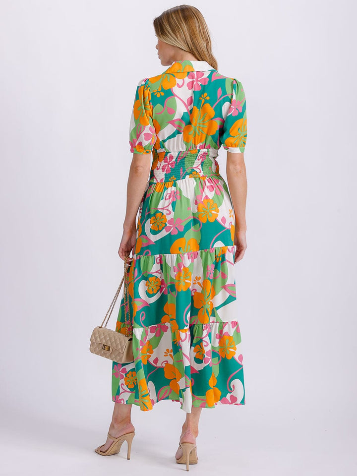 WOMEN'S SHORT SLEEVE BUTTON UP SMOCK WAIST MULTI PRINT MAXI DRESS