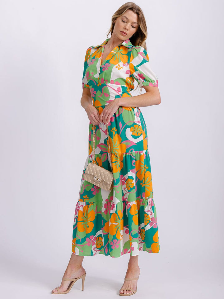 WOMEN'S SHORT SLEEVE BUTTON UP SMOCK WAIST MULTI PRINT MAXI DRESS