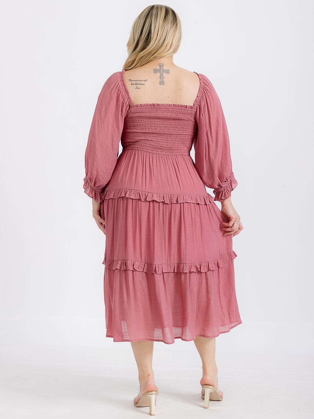PLUS SIZE LONG SLEEVE SMOCK RUFFLE TIERED MIDI DRESS