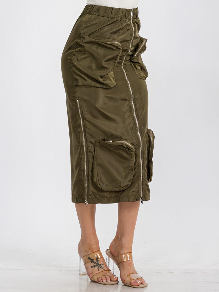 WOMEN'S ELASTIC WAIST ZIP UP FRONT CARGO POCKETS MIDI SKIRT