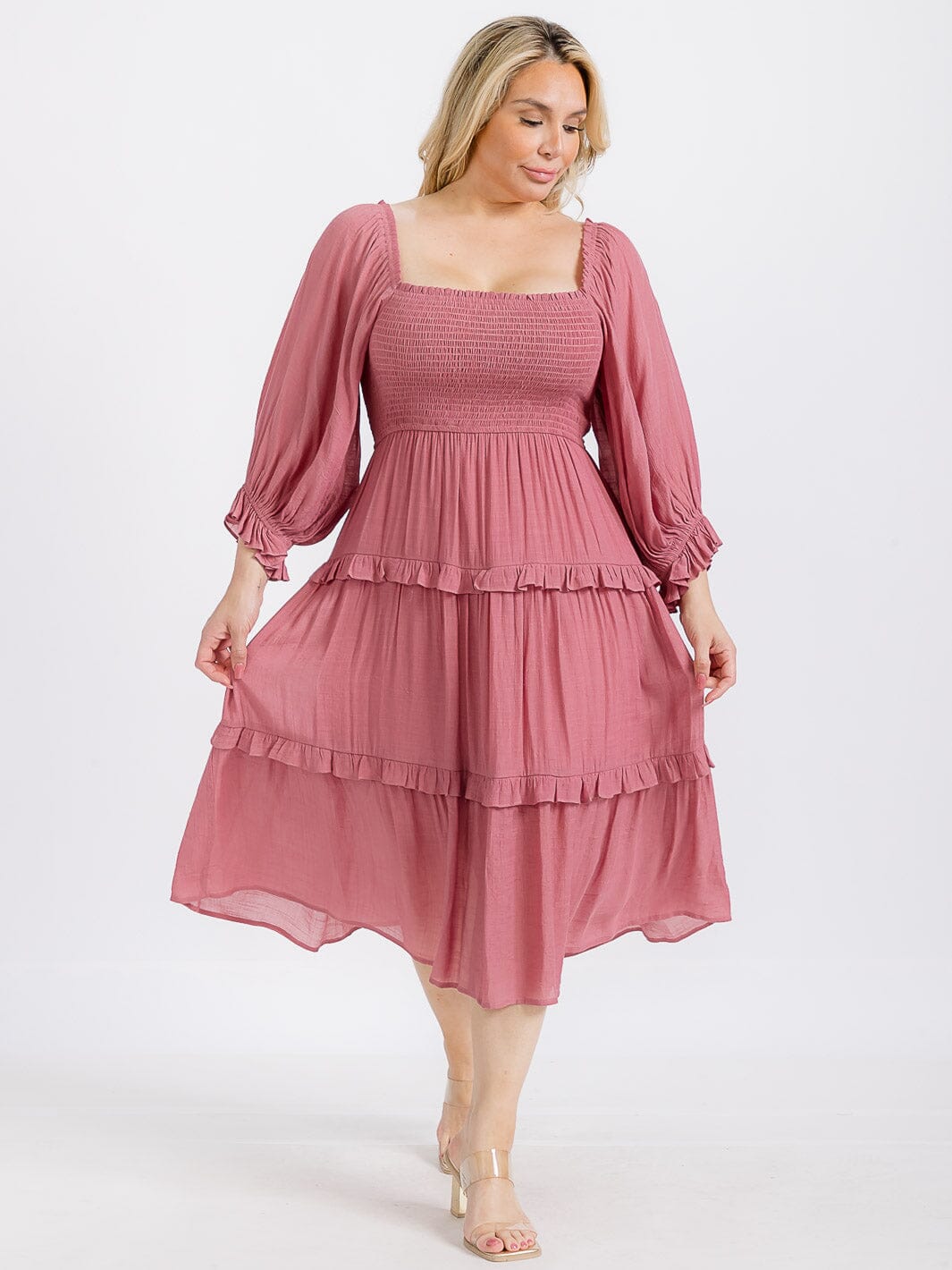 PLUS SIZE LONG SLEEVE SMOCK RUFFLE TIERED MIDI DRESS