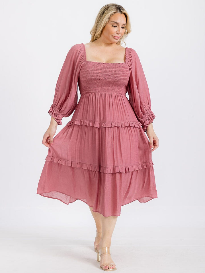 PLUS SIZE LONG SLEEVE SMOCK RUFFLE TIERED MIDI DRESS