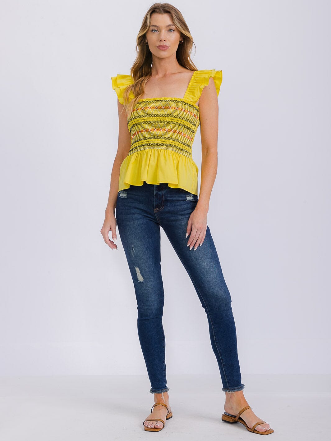 WOMEN'S SLEEVELESS SQUARE NECK SMOCK PEPLUM TANK TOP