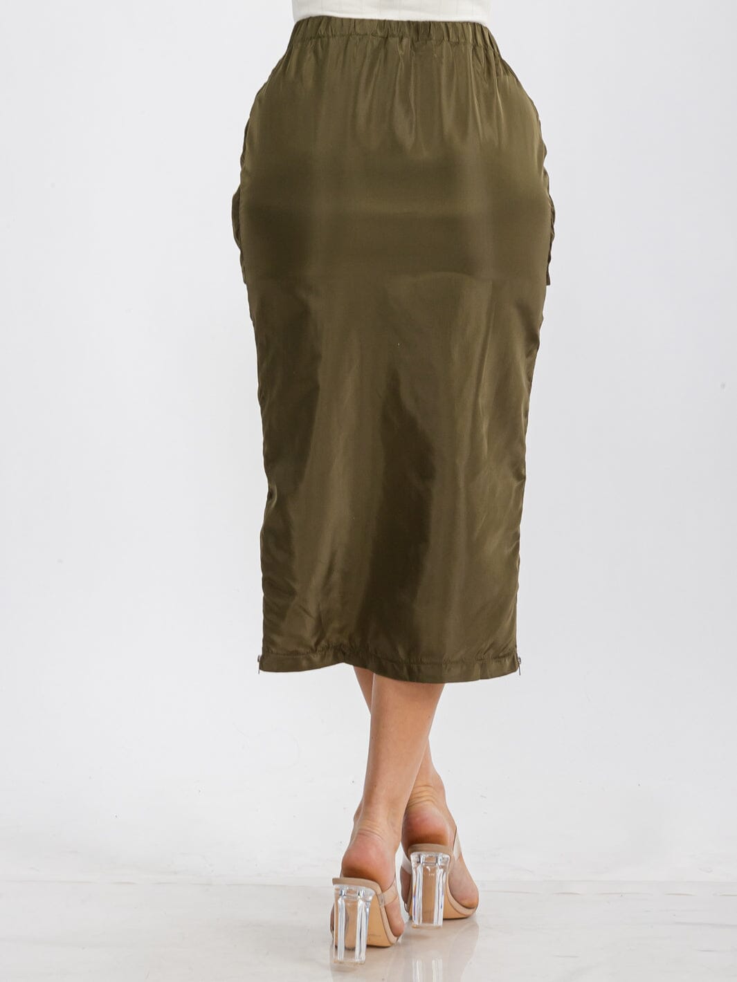 WOMEN'S ELASTIC WAIST ZIP UP FRONT CARGO POCKETS MIDI SKIRT