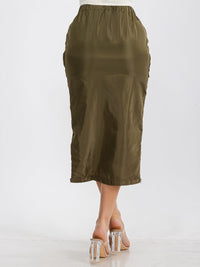 WOMEN'S ELASTIC WAIST ZIP UP FRONT CARGO POCKETS MIDI SKIRT