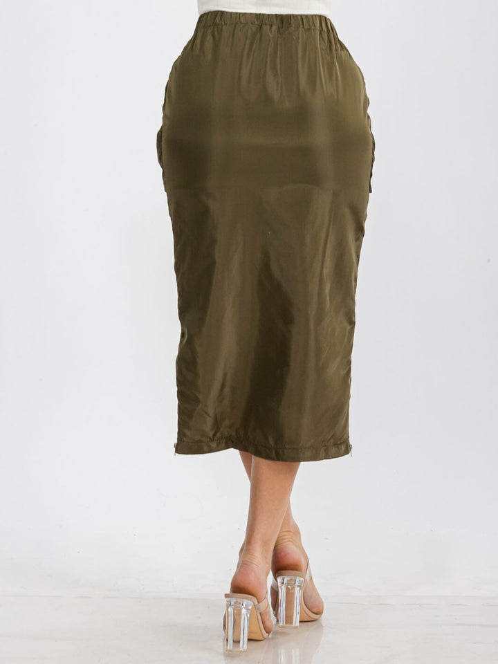 WOMEN'S ELASTIC WAIST ZIP UP FRONT CARGO POCKETS MIDI SKIRT