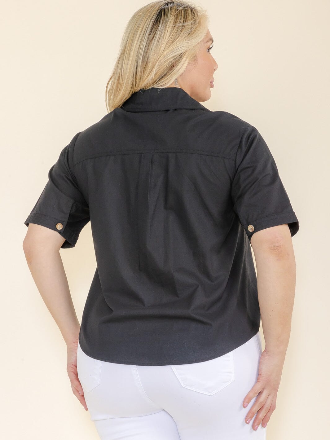 PLUS SIZE SHORT SLEEVE BUTTON UP FRONT POCKET TOP