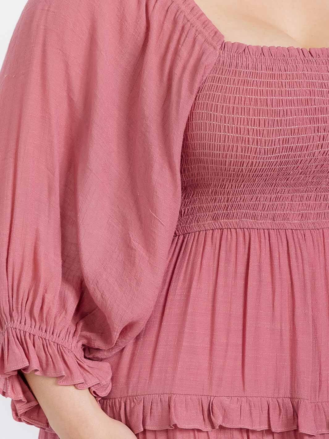 PLUS SIZE LONG SLEEVE SMOCK RUFFLE TIERED MIDI DRESS