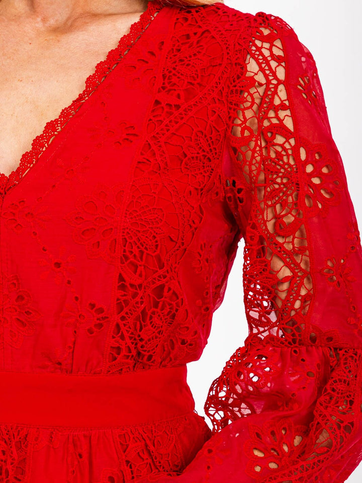 WOMEN'S LONG SLEEVE V-NECK TIERED EYELET DETAILED MINI DRESS
