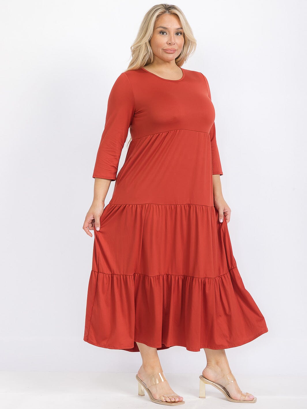 PLUS SIZE 3/4 SLEEVE FRONT POCKETS TIERED MAXI DRESS
