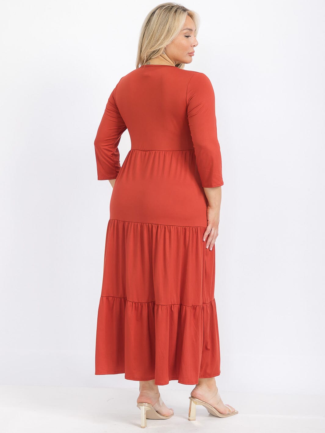 PLUS SIZE 3/4 SLEEVE FRONT POCKETS TIERED MAXI DRESS