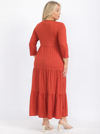 PLUS SIZE 3/4 SLEEVE FRONT POCKETS TIERED MAXI DRESS