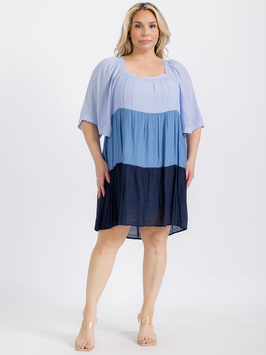 PLUS SIZE SHORT SLEEVE SQUARE NECK TIERED COLORBLOCK TUNIC MINI DRESS