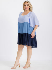 PLUS SIZE SHORT SLEEVE SQUARE NECK TIERED COLORBLOCK TUNIC MINI DRESS