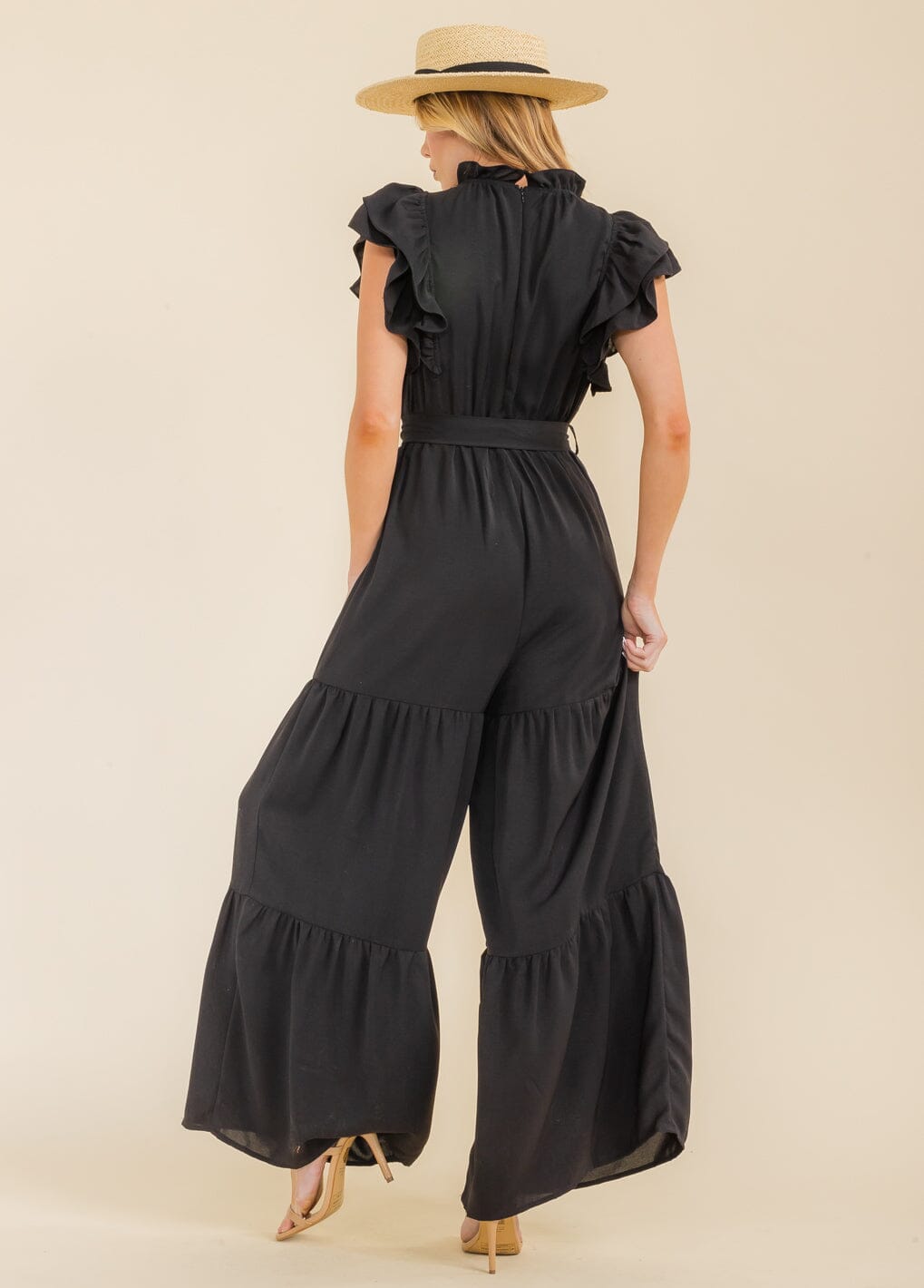 WOMEN'S SHORT RUFFLE SLEEVE V-NECK FRONT POCKETS WIDE LEG JUMPSUIT