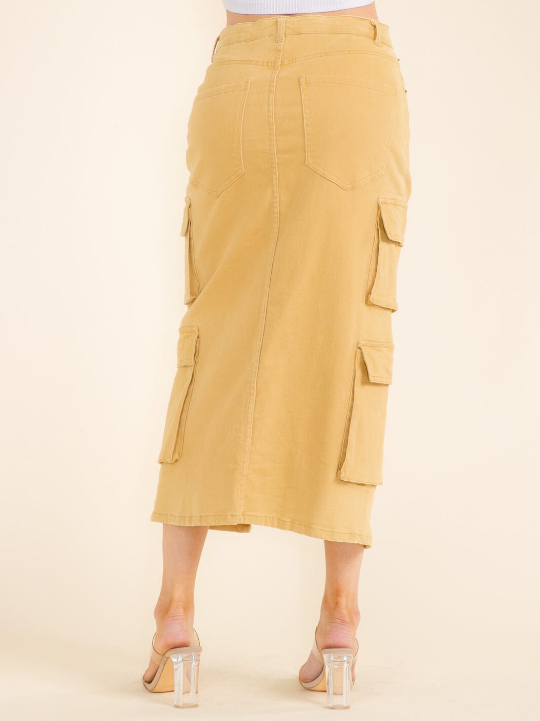 WOMEN'S BUTTON CLOSURE FRONT SLIT CARGO POCKETS DENIM MIDI SKIRT