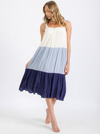 WOMEN'S SLEEVELESS FRONT POCKETS COLORBLOCK MIDI DRESS