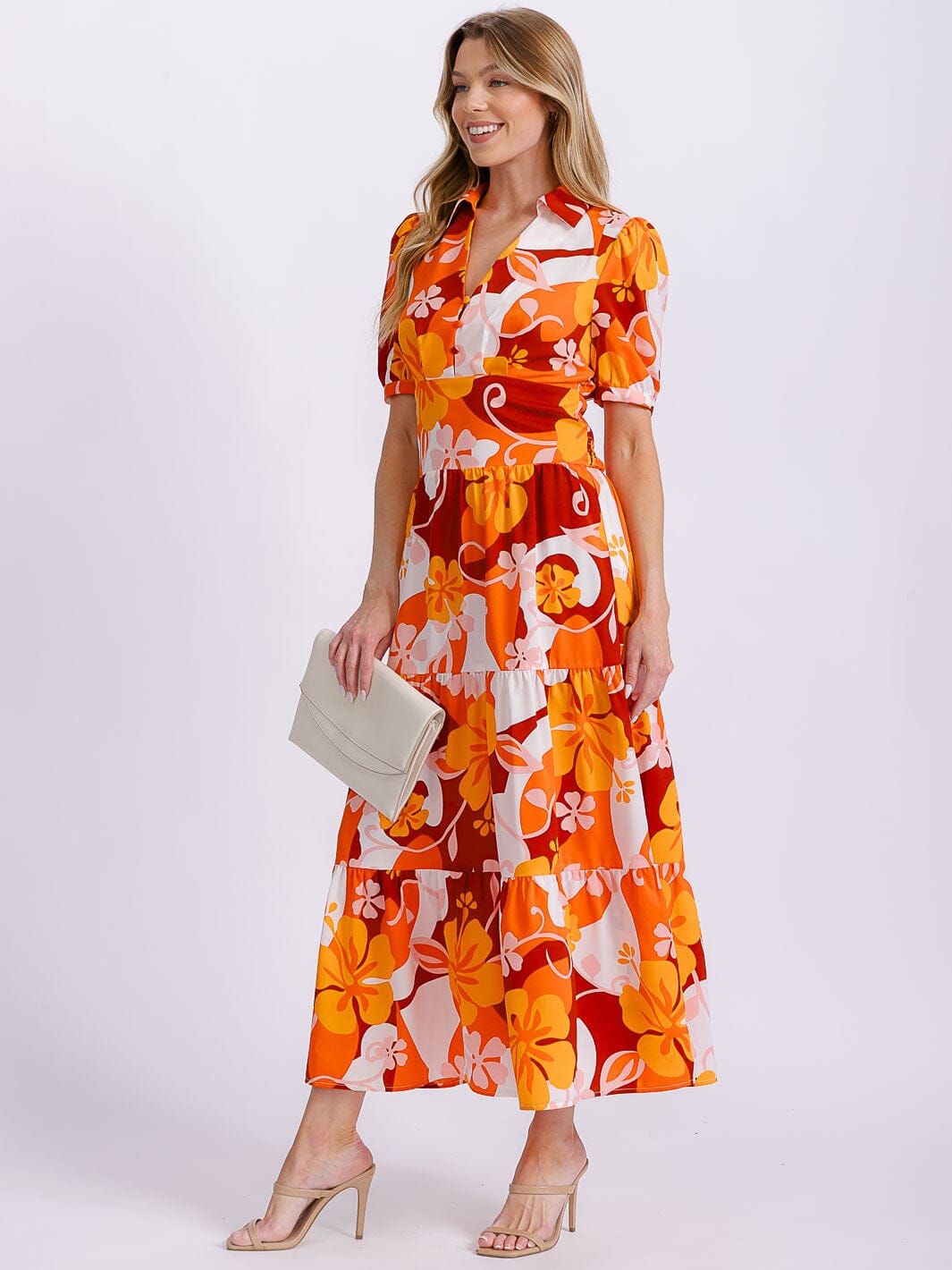 WOMEN'S SHORT SLEEVE BUTTON UP SMOCK WAIST MULTI PRINT MAXI DRESS