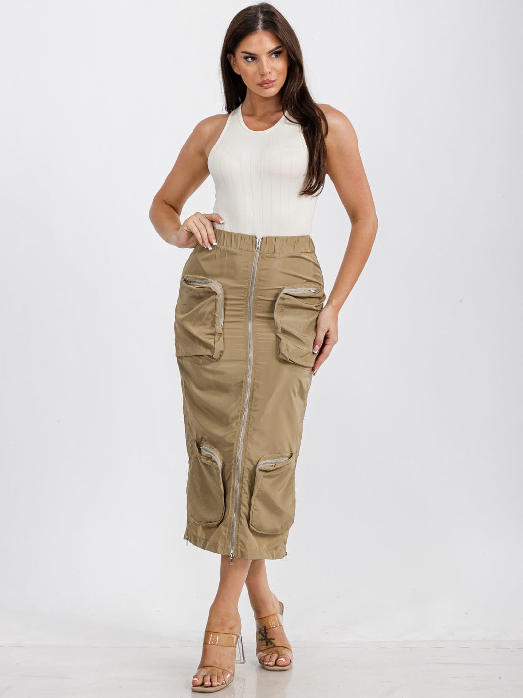WOMEN'S ELASTIC WAIST ZIP UP FRONT CARGO POCKETS MIDI SKIRT