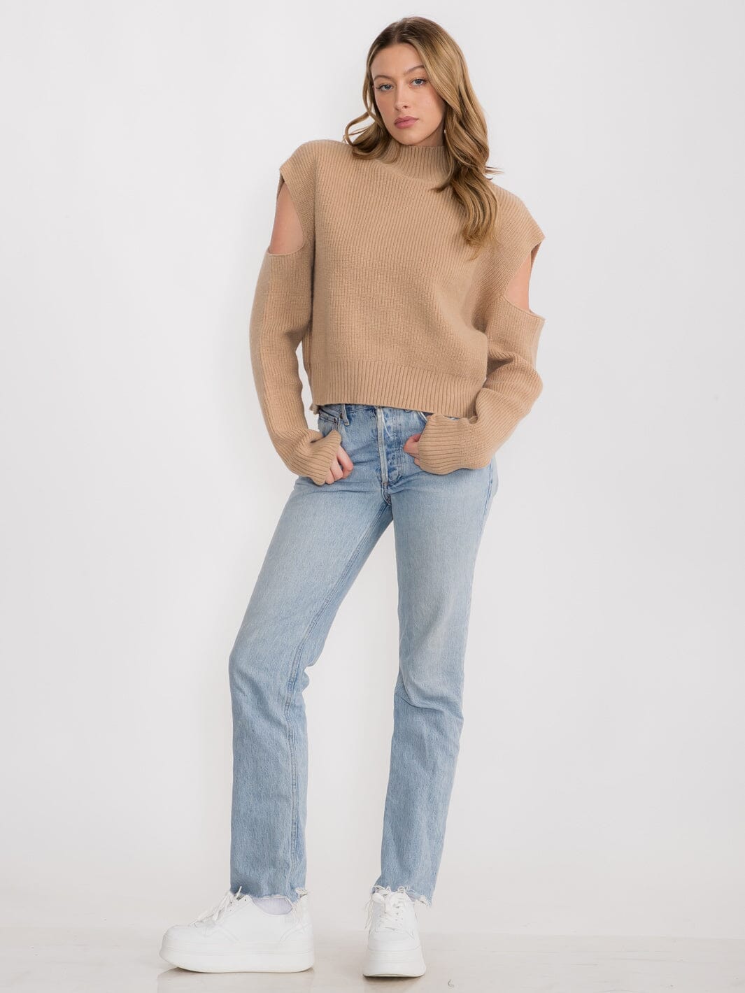 WOMEN'S LONG SLEEVE TURTLE NECK COLD SHOULDER TOP