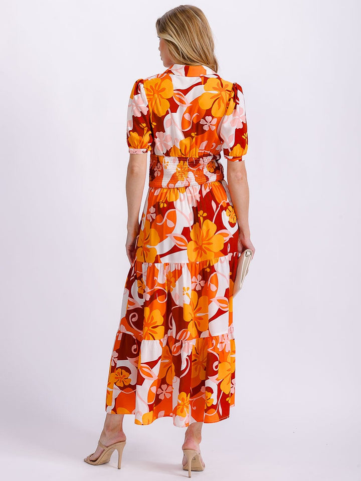 WOMEN'S SHORT SLEEVE BUTTON UP SMOCK WAIST MULTI PRINT MAXI DRESS