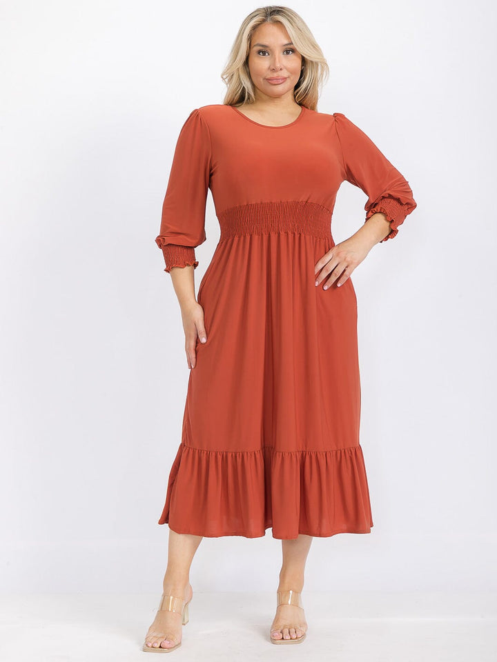PLUS SIZE 3/4 SLEEVE SMOCK WAIST FRONT POCKETS RUFFLE BOTTOM HEM MAXI DRESS
