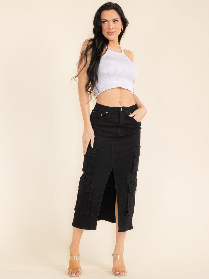 WOMEN'S BUTTON CLOSURE FRONT SLIT CARGO POCKETS DENIM MIDI SKIRT