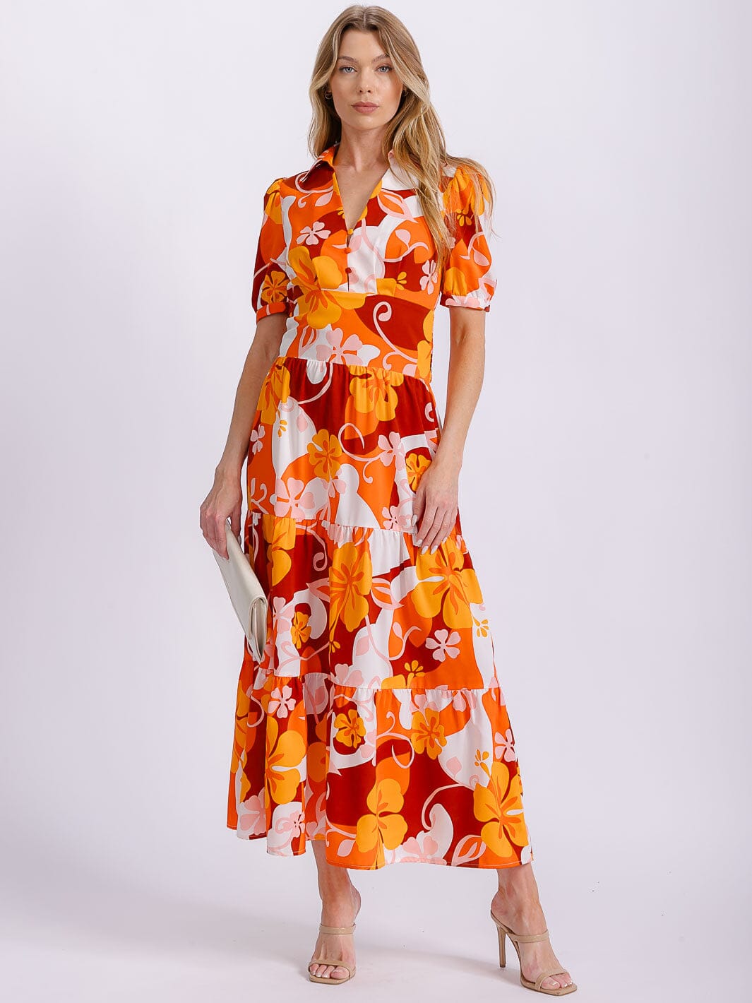 WOMEN'S SHORT SLEEVE BUTTON UP SMOCK WAIST MULTI PRINT MAXI DRESS